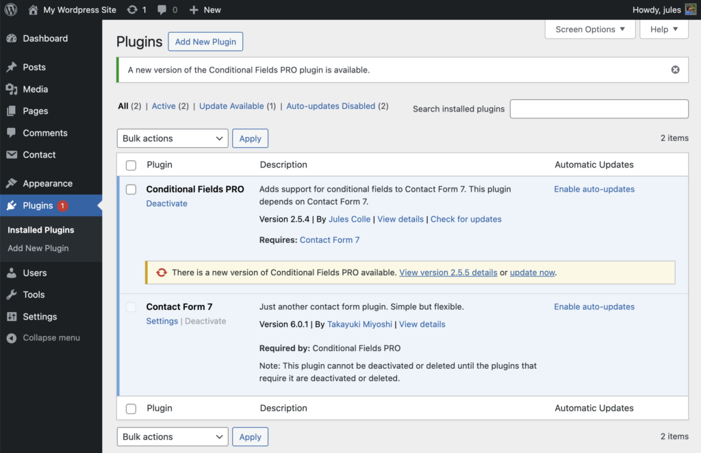 WordPress admin Plugin page showing an update is available for teh Conditional Fields plugin